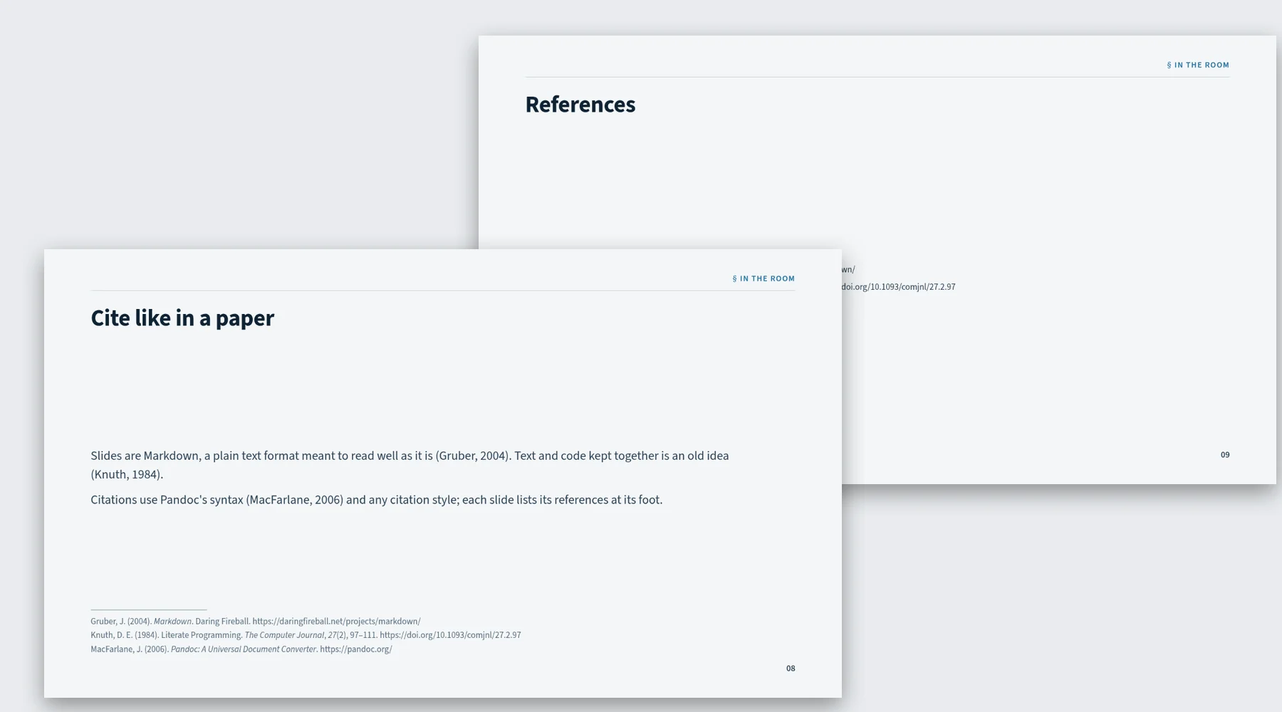A slide with author–year citations and the full references at its foot, next to a slide that lists all references