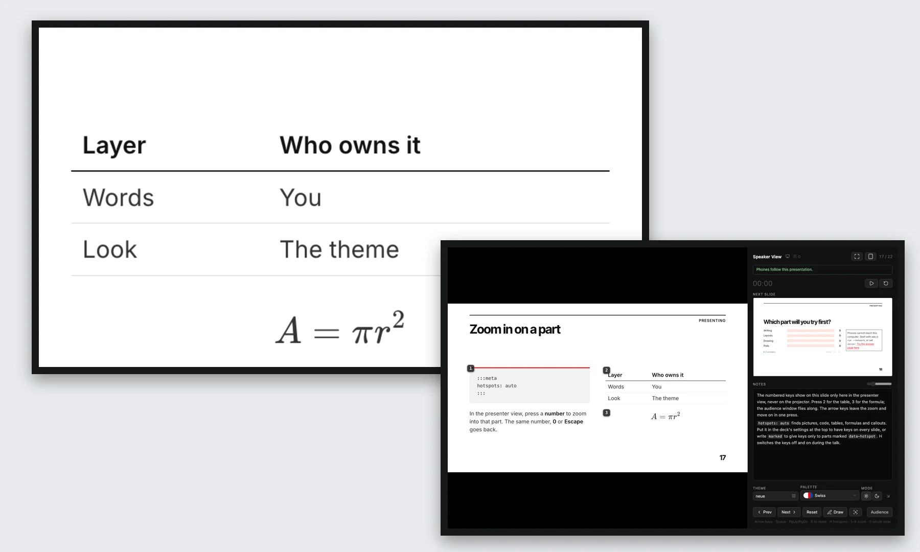 The projector zoomed in on a table, and in front of it the presenter view showing the same slide with numbered keys on its code, table and formula