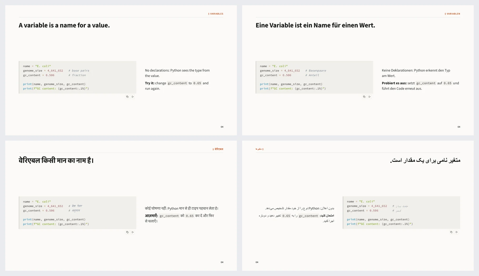 The same slide with a Python example in English, German, Hindi and Farsi, the Farsi one running right to left