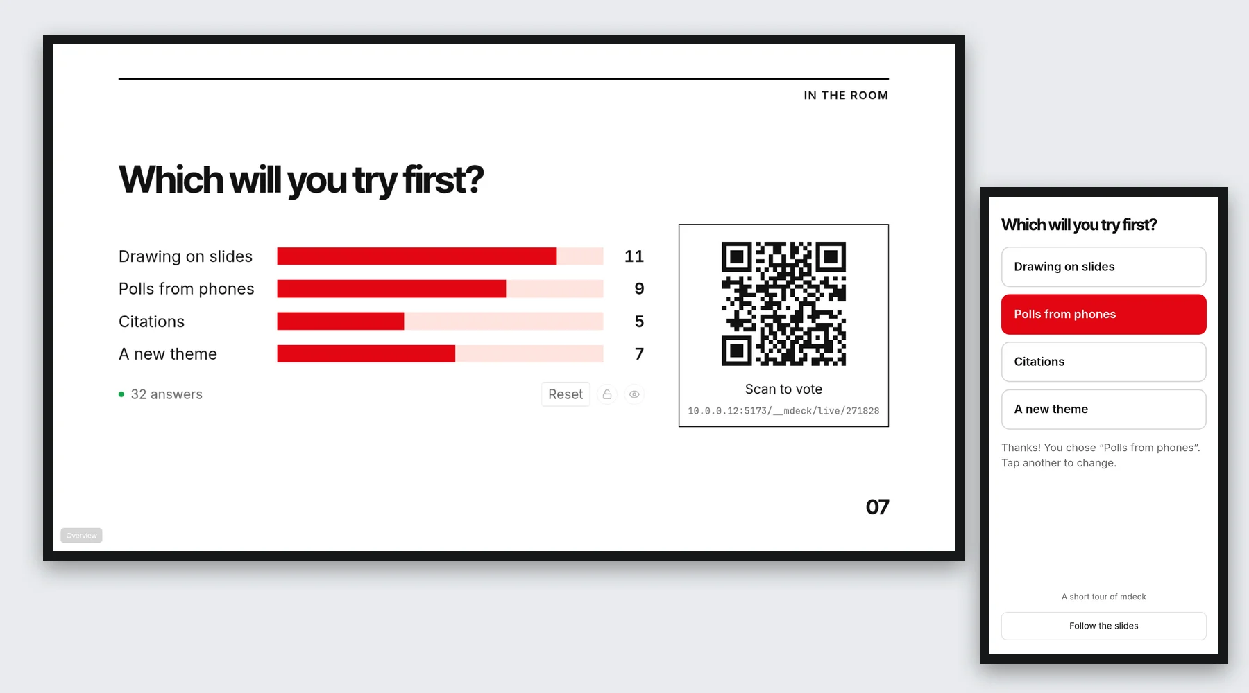 A poll slide with live bars and a QR code, and a phone showing the same question with one answer picked