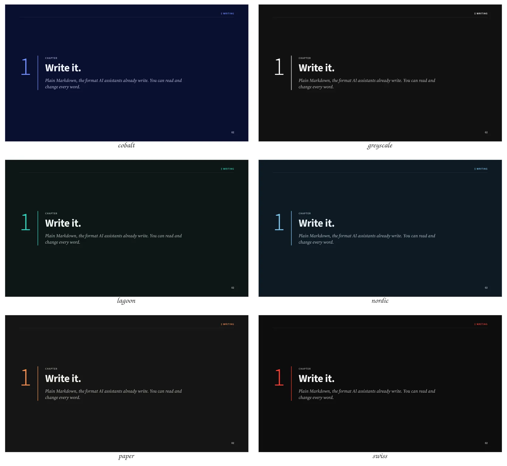 The Academic theme's chapter slide in every palette, dark