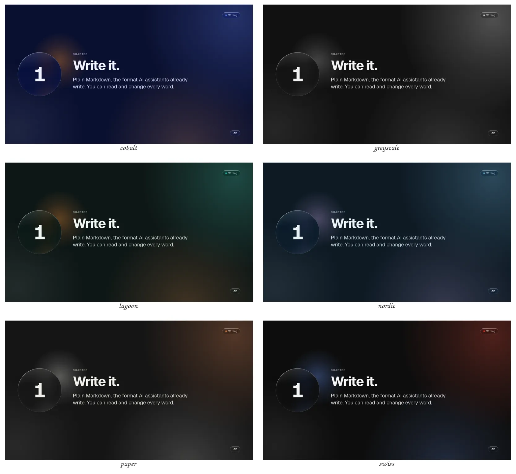 The Glass theme's chapter slide in every palette, dark