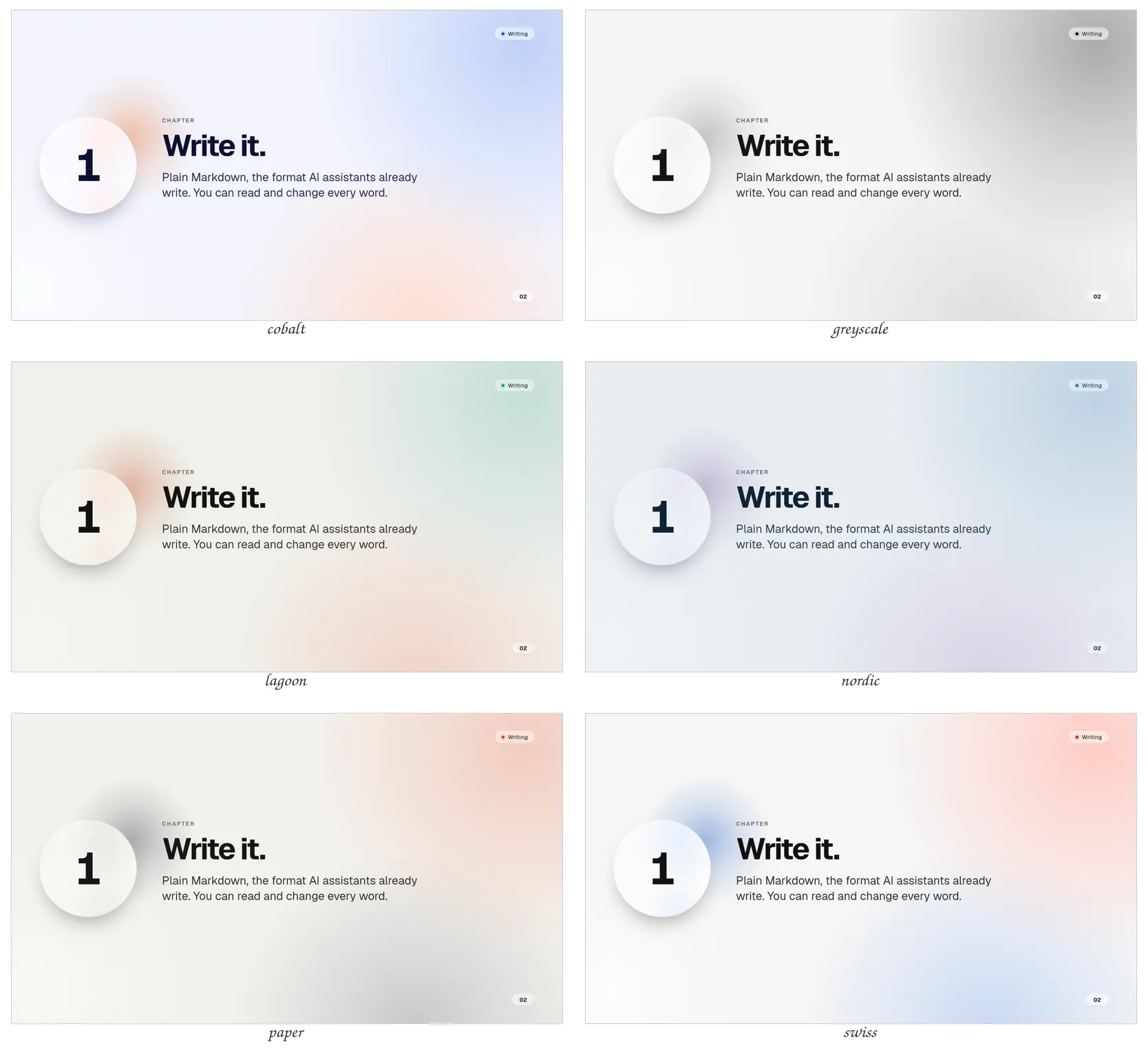 The Glass theme's chapter slide in every palette, light