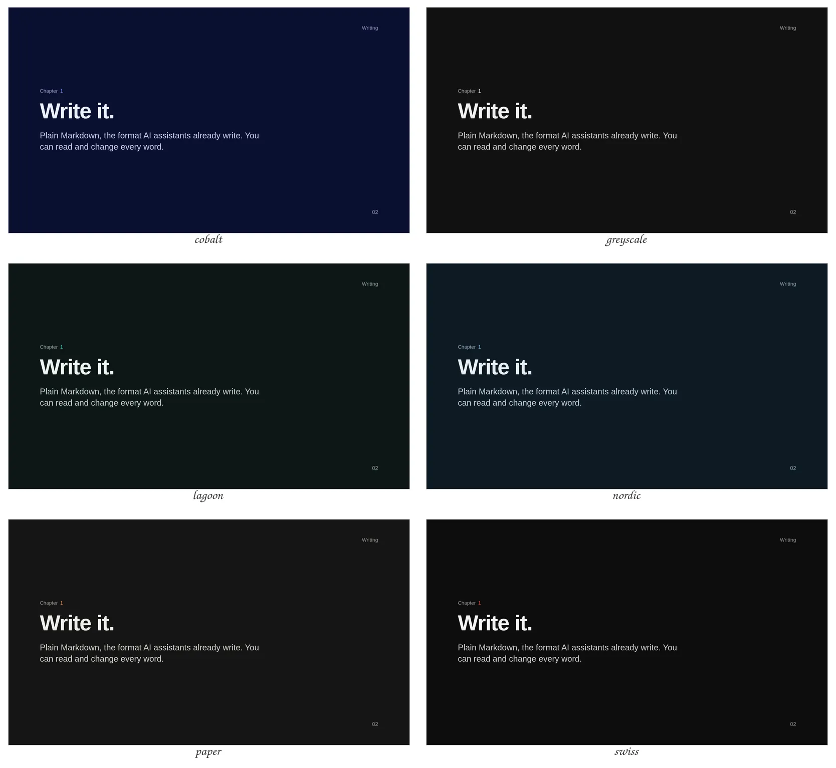 The Minimal theme's chapter slide in every palette, dark