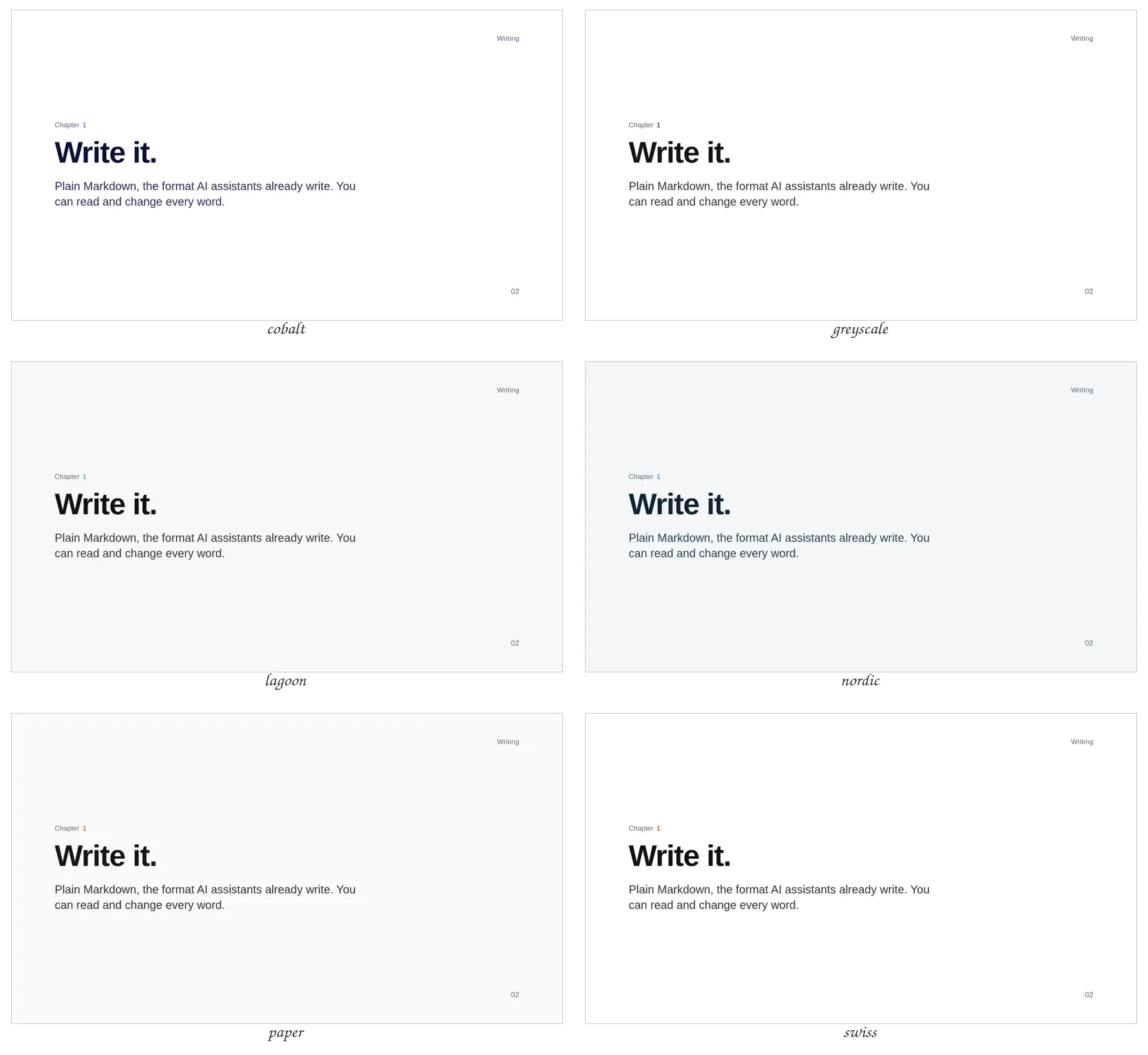 The Minimal theme's chapter slide in every palette, light
