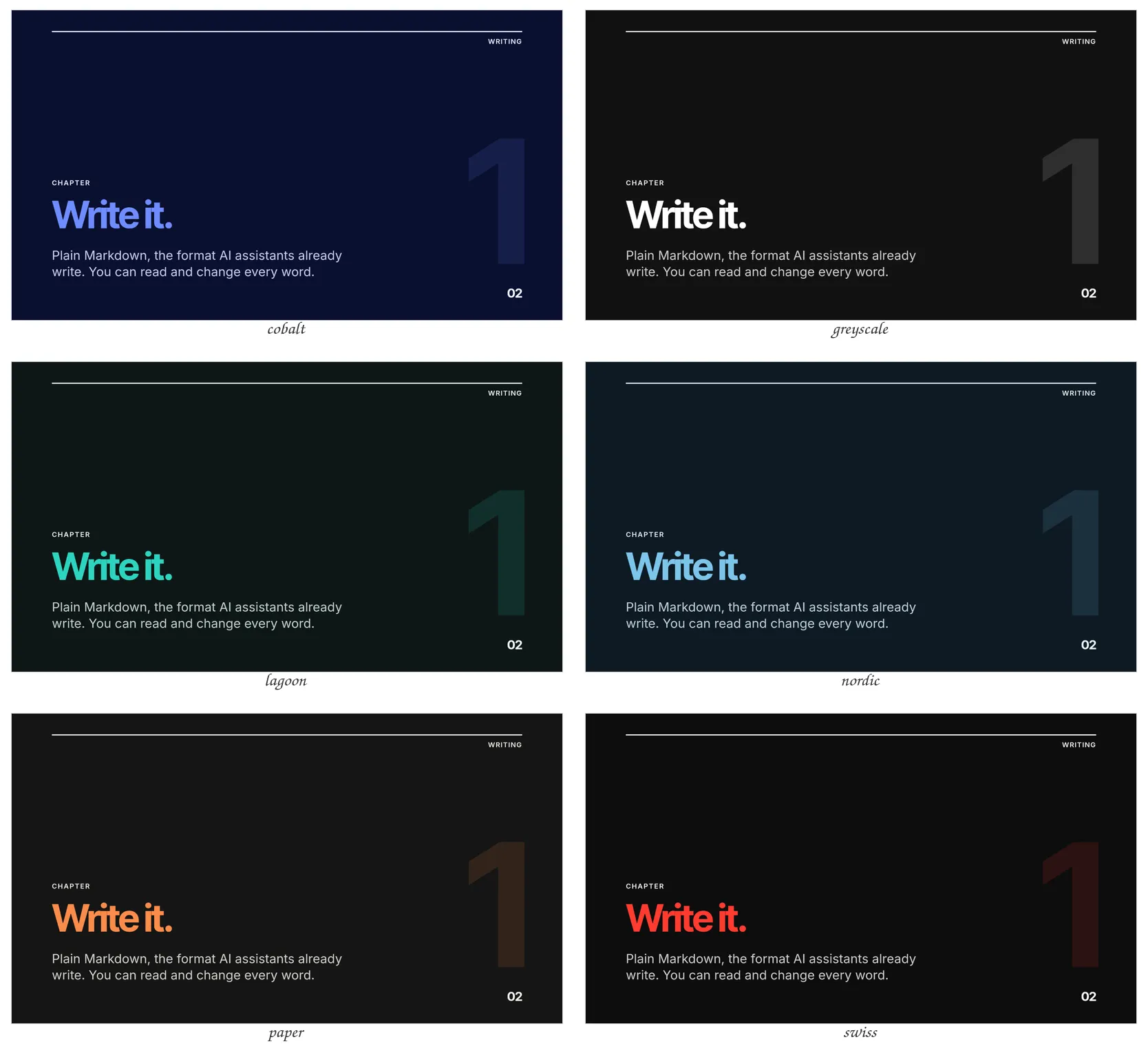 The Neue theme's chapter slide in every palette, dark