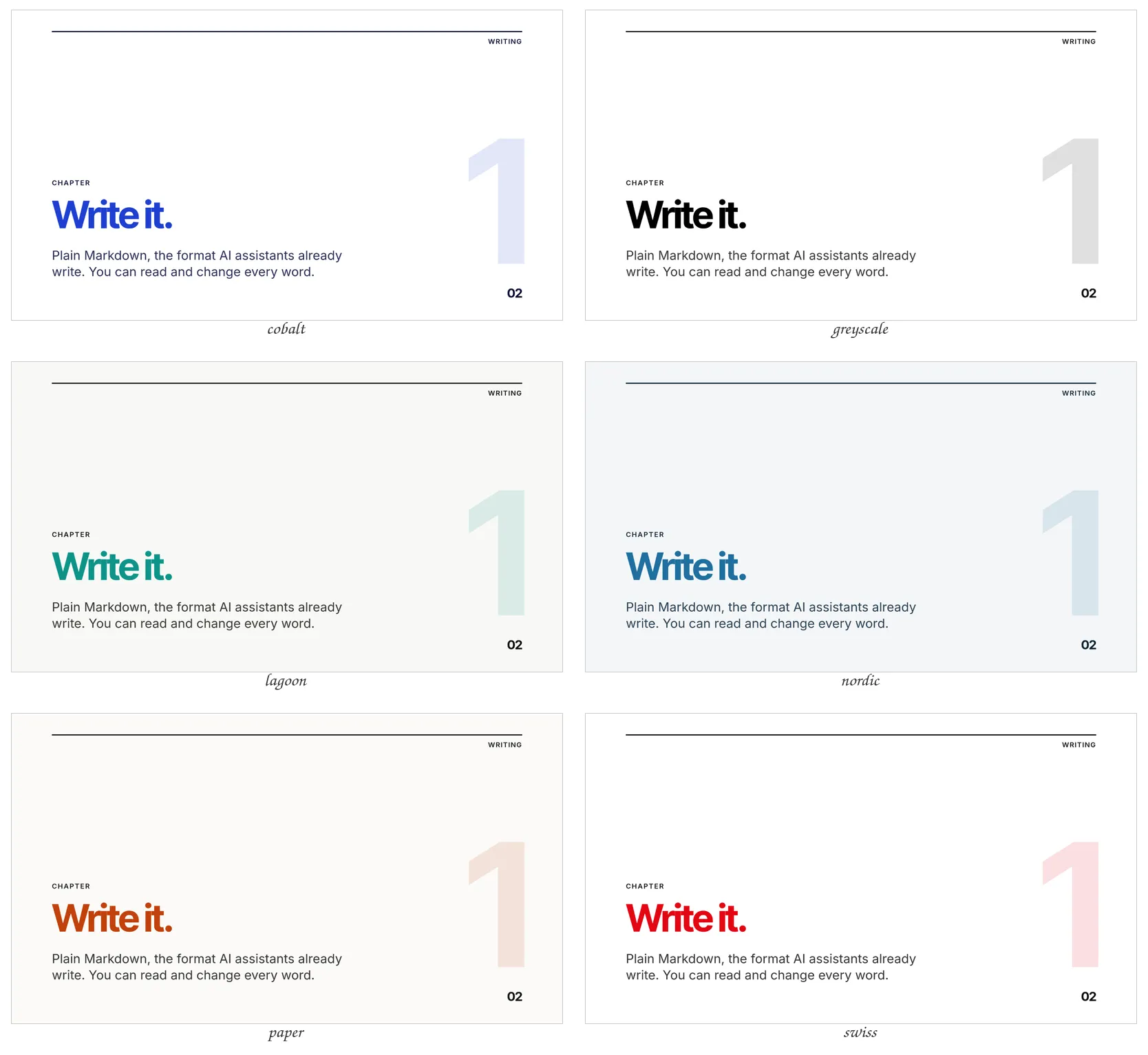 The Neue theme's chapter slide in every palette, light