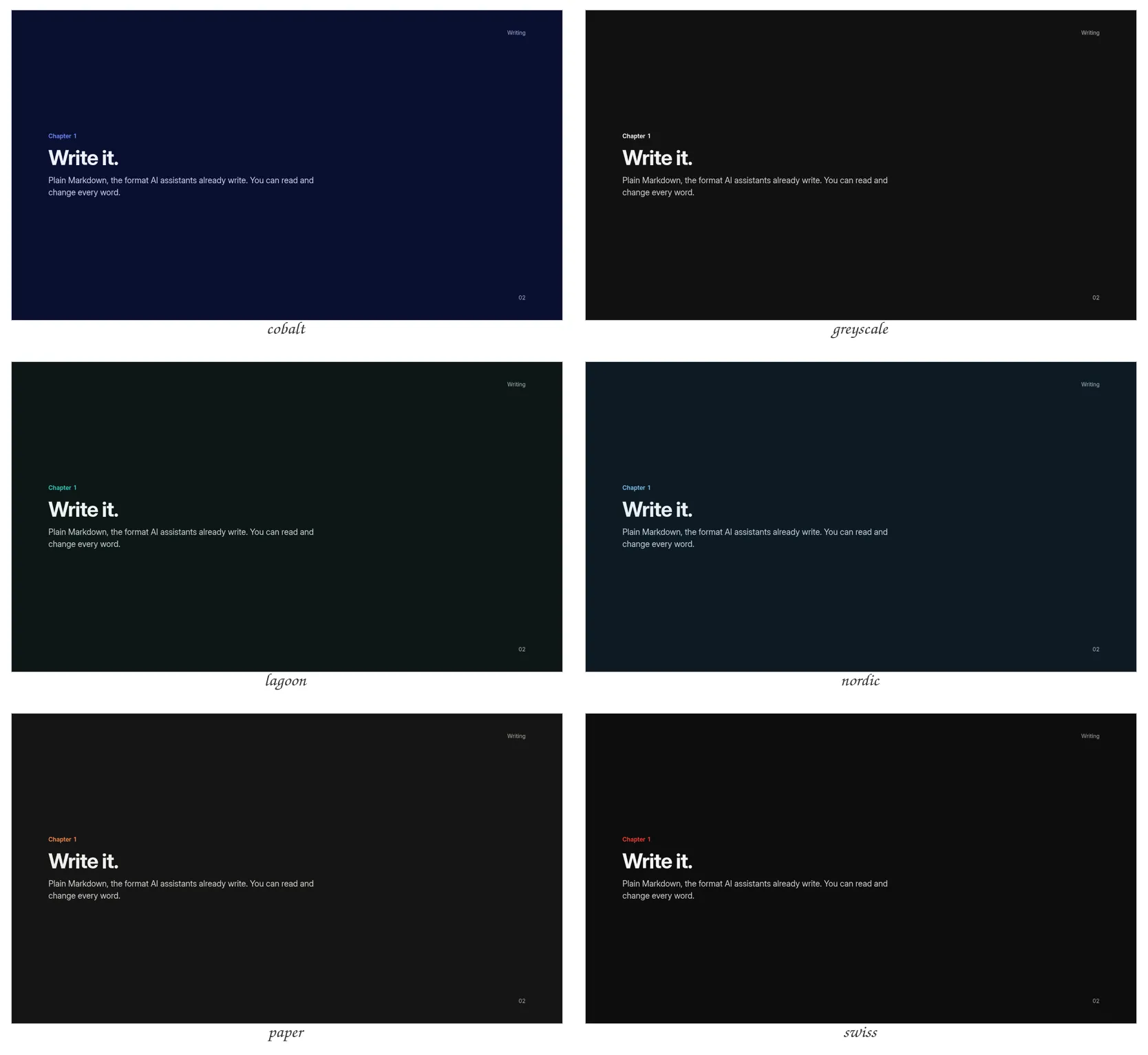 The Plain theme's chapter slide in every palette, dark