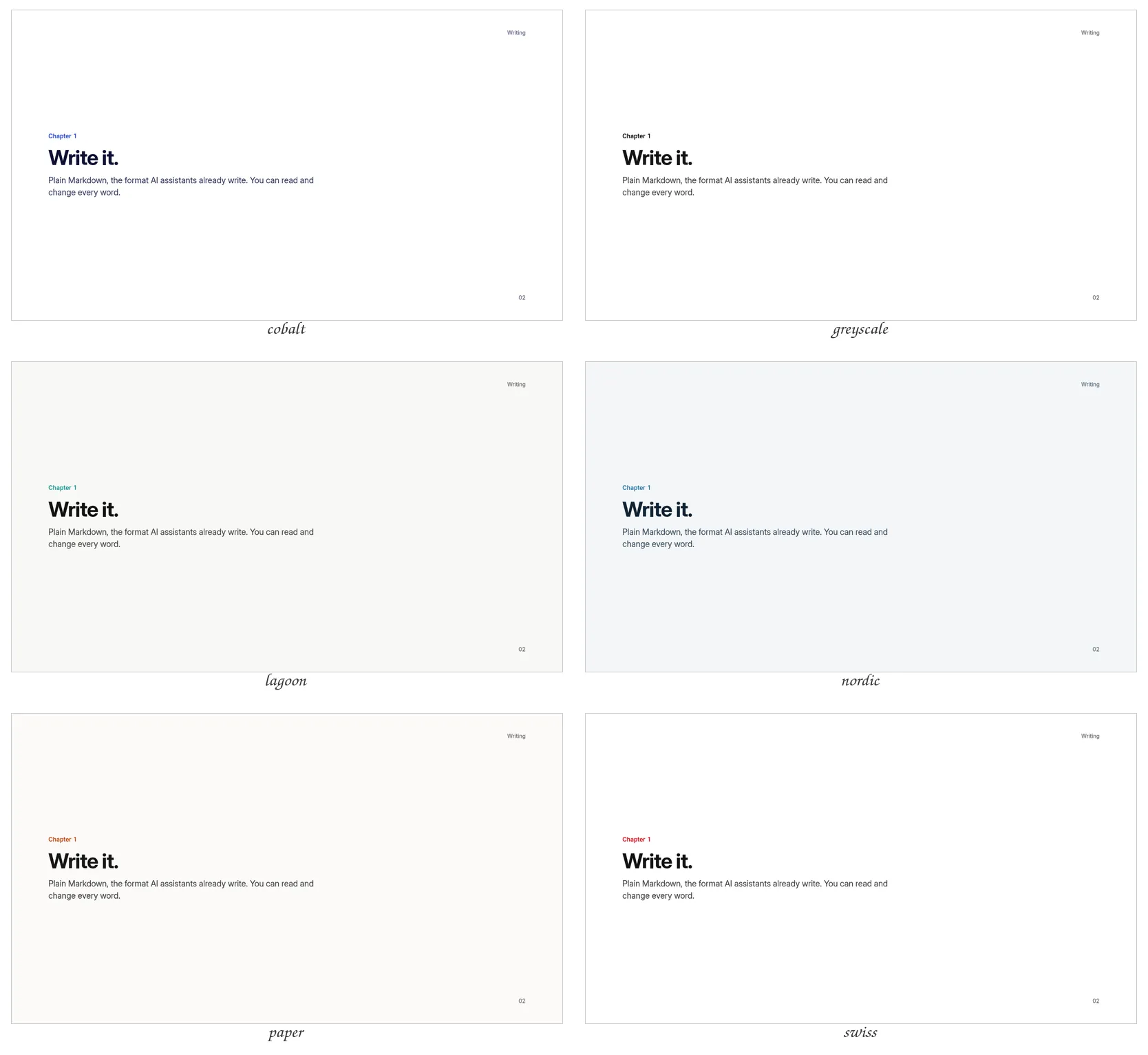 The Plain theme's chapter slide in every palette, light