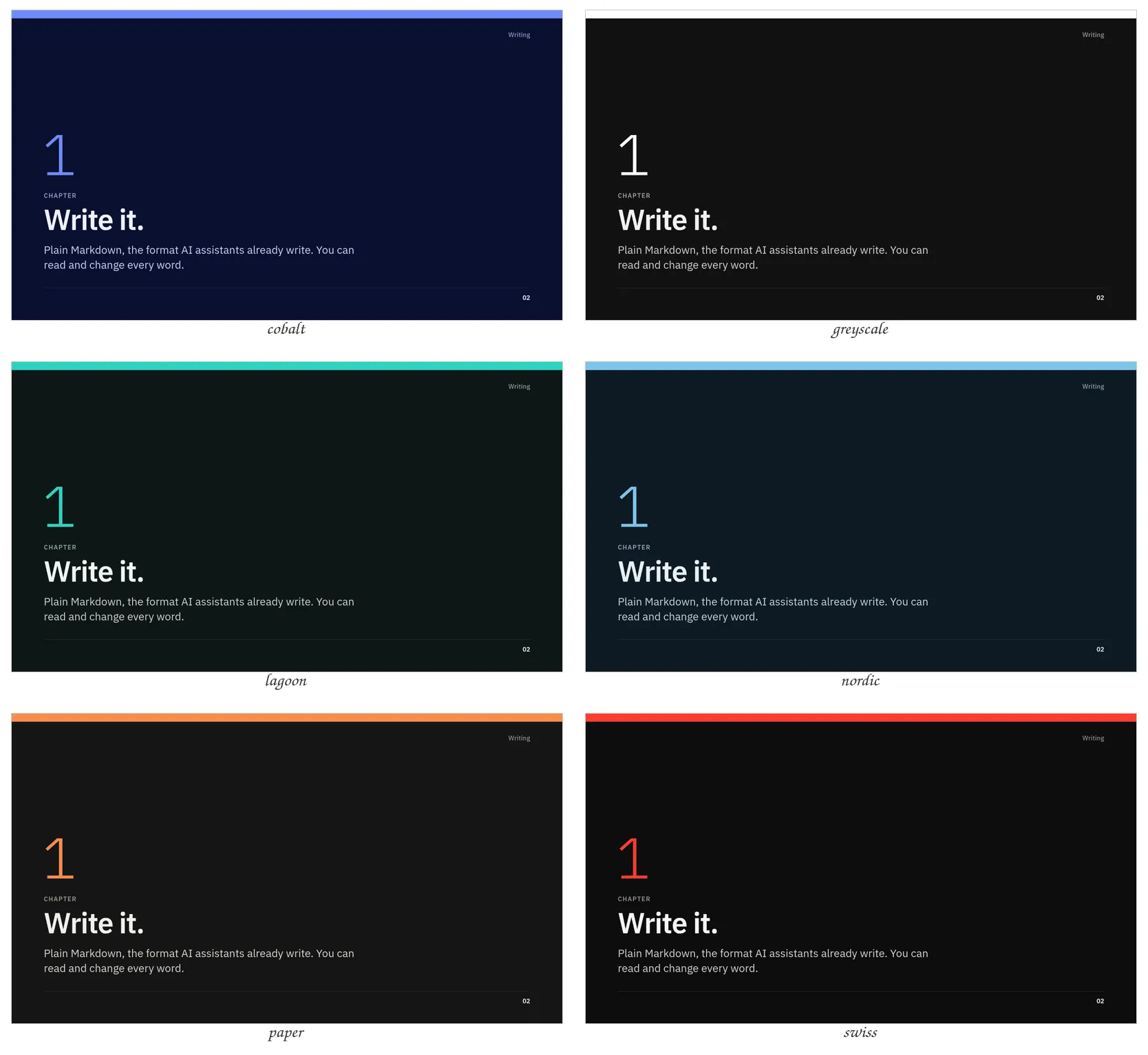 The Work theme's chapter slide in every palette, dark