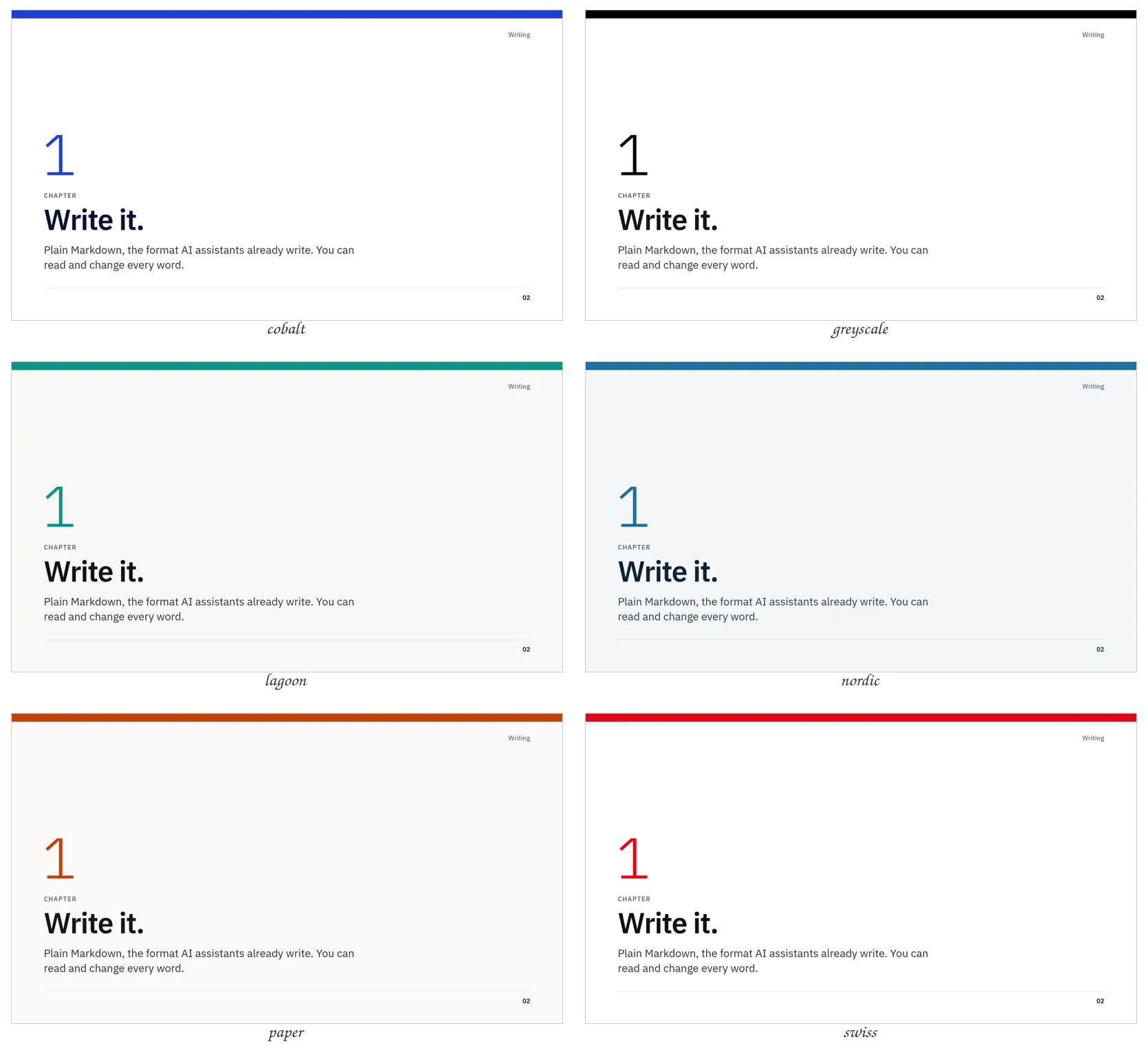 The Work theme's chapter slide in every palette, light